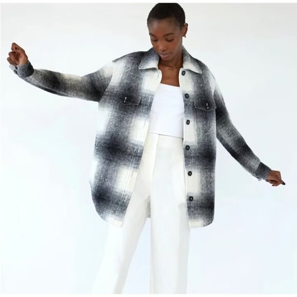 Aritzia Wilfred Free Midi Wool Plaid Ganna Shacket Long Black White Size XS - Picture 2 of 8